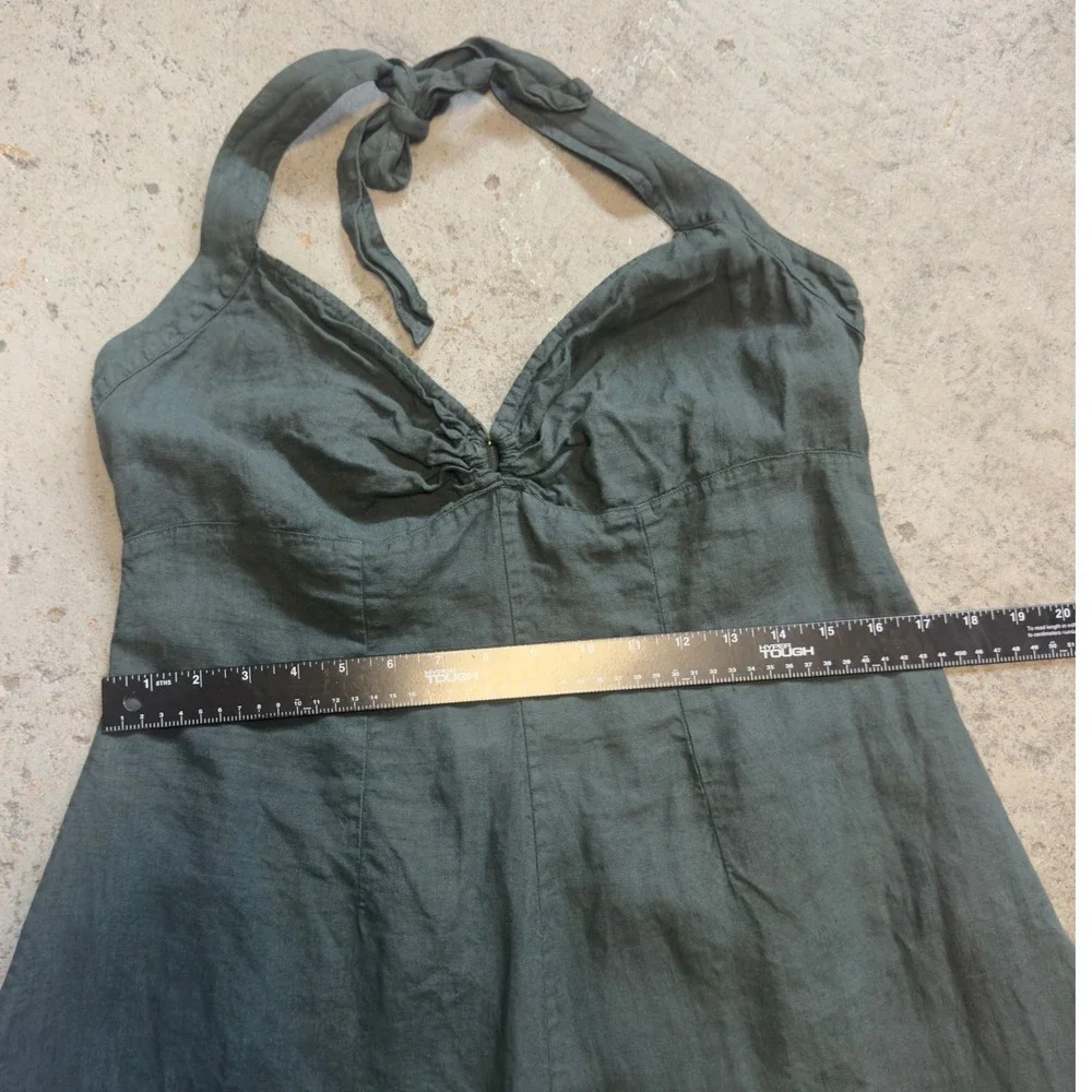 120% Lino Dark Green 100% Linen Halter Midi Dress Made in Italy Ruched V-Neck